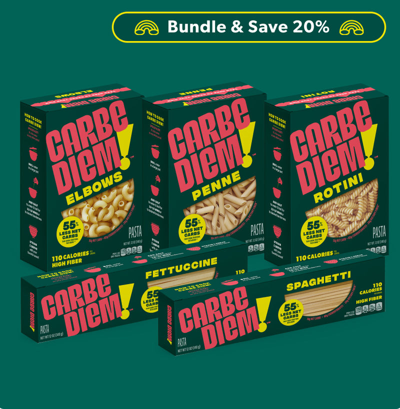 Three boxes of Carbe Diem pasta with a promotional banner at the top.