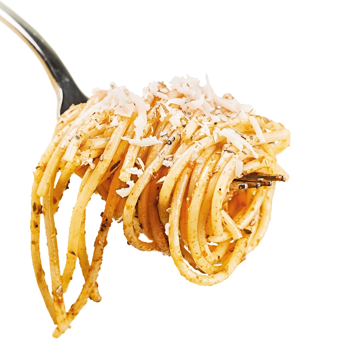 Spaghetti on a fork with grated cheese on a white background