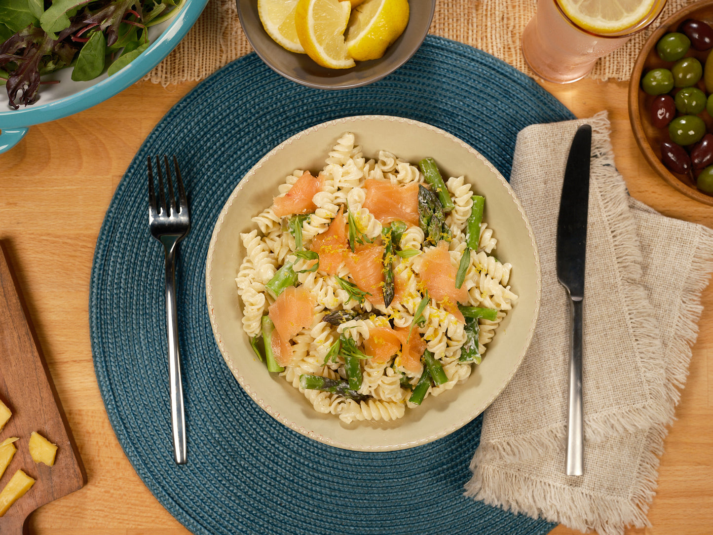 Wheat rotini pasta plated on table, overhead view