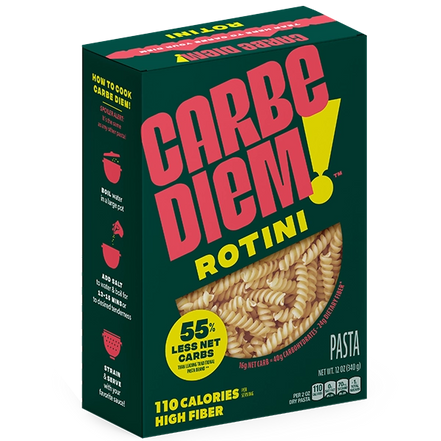 Box of Carbe Diem Rotini pasta with green background and red and yellow text.