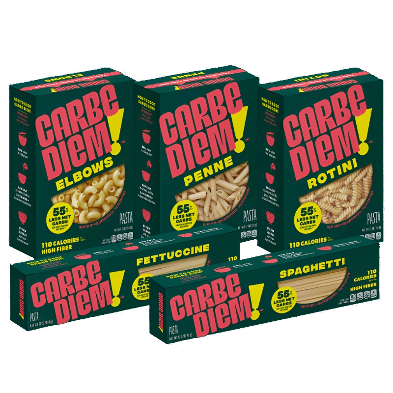 Five boxes of Carbe Diem pasta with different shapes on a white background