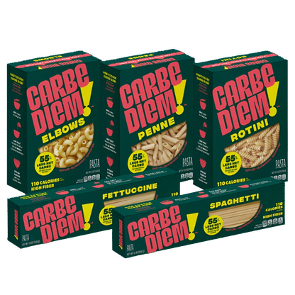 Five boxes of Carbe Diem pasta with different shapes on a white background